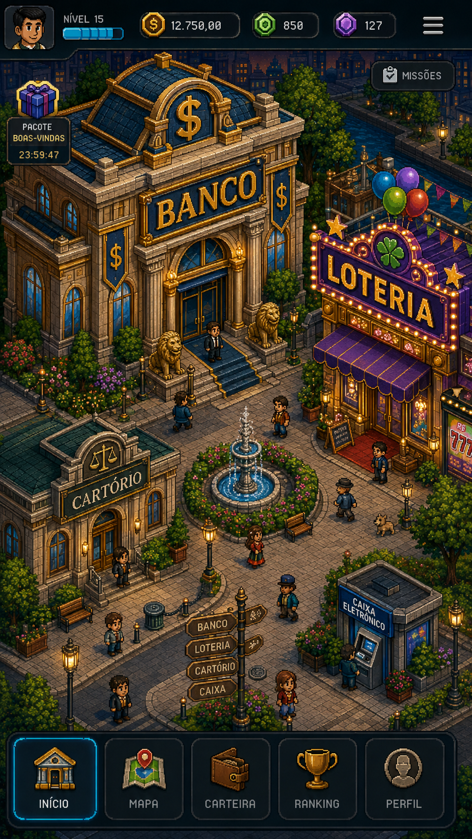 Praça em pixel art com Banco, Loteria, Cartório e Caixa Eletrônico.